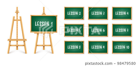 Black chalkboard on wooden easel. Blackboard in wooden frame on a tripod. Presentation board with text, writing or drawing surface. Online studying, e-learning and education. Vector illustration 98479580