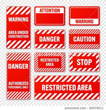Various white and red warning signs with diagonal lines. Attention, danger or caution sign, construction site signage. Realistic notice signboard, warning banner, road shield. Vector illustration 98479611