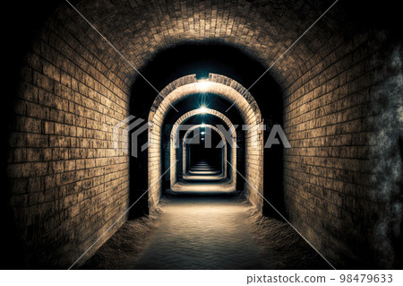 Empty tunnel illuminated by leading lamps in abandoned bunker 98479633