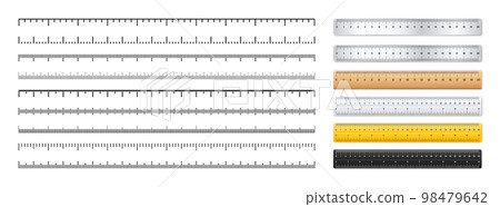 Realistic metal and plastic rulers. Measurement scales with divisions. Scale for measuring length or height in centimeters, inches. Ruler, tape measure marks, size indicators. Vector illustration 98479642