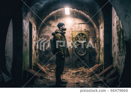 Person stands in front of entrance to empty abandoned bunker Person stands in front of entrance to empty abandoned bunker 98479668