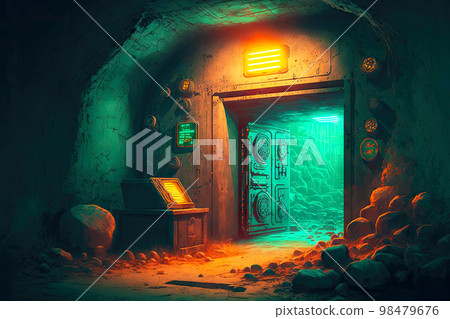 abandoned bunker with thick metal walls and lighting 98479676