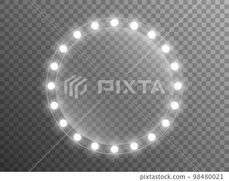 Mirror with lights. Makeup mirror with white lamps. Illuminated frame with silver bulbs. Glowing glass template. Vector illustration 98480021