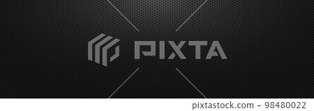 Black background. Perforated metal texture. Composite material with shadow. Abstract carbon backdrop. Dark steel wallpaper. Vector illustration 98480022