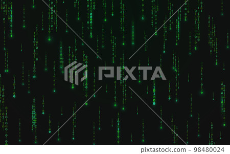 Binary background. Green matrix texture with running numbers. Abstract falling digits. Futuristic data stream. Random code with lights. Vector illustration 98480024