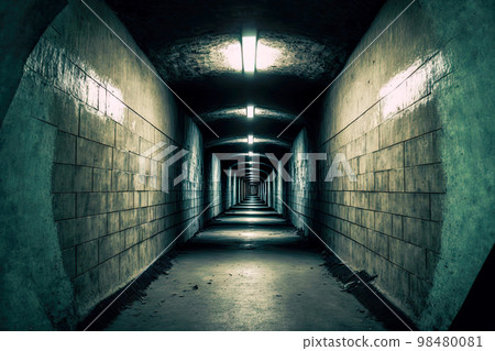 Long concrete corridor with lighting in abandoned bunker Long concrete corridor with lighting in abandoned bunker 98480081