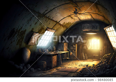 Old abandoned bunker with table and broken radio equipment Old abandoned bunker with table and broken radio equipment 98480085