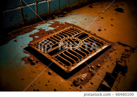 Metal grille on dirty floor of empty abandoned basement Metal grille on dirty floor of empty abandoned basement 98480100