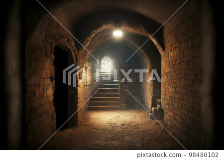 Arched abandoned basement with lamp and dilapidated staircase 98480102