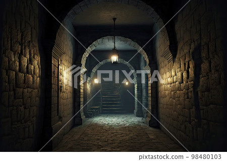 Arched abandoned basement with lamp and dilapidated staircase Arched abandoned basement with lamp and dilapidated staircase 98480103