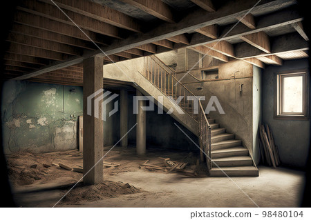 Light abandoned basement with pillars and remnants of boards Light abandoned basement with pillars and remnants of boards 98480104