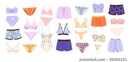 Underwear collection, casual brief woman and man. Thong and sleep lingerie, male and female undergarment collection. Racy clothes panties and bra vector set Underwear collection, casual brief woman and man. Thong and sleep lingerie, male and female undergarment collection. Racy clothes panties and bra vector set 98480191
