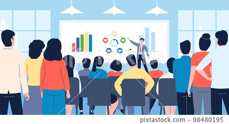 Business seminar or it teaching company. Financial lecture for employees, marketing and sales presentation in office. Conference recent vector scene 98480195