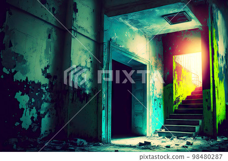 Old abandoned basement in ruined house in greenish hues Old abandoned basement in ruined house in greenish hues 98480287