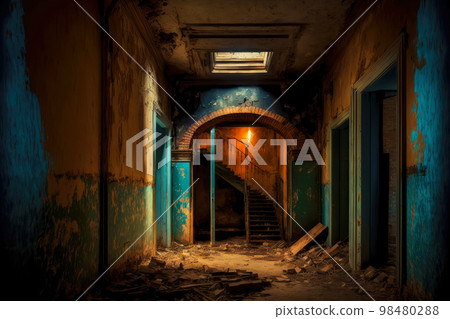 Abandoned basement littered with wooden debris and staircase against far wall 98480288