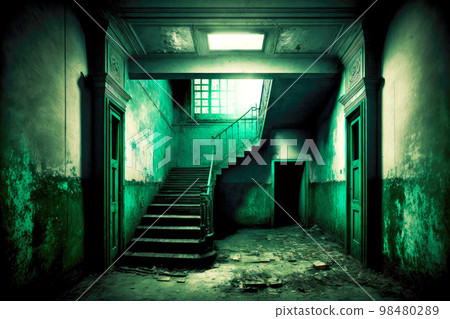 Old abandoned basement in ruined house in greenish hues Old abandoned basement in ruined house in greenish hues 98480289