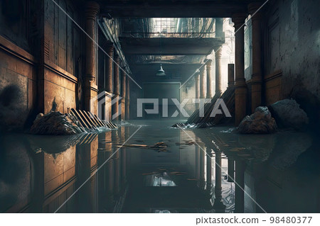 Flooded with water destroyed abandoned basement in old house 98480377