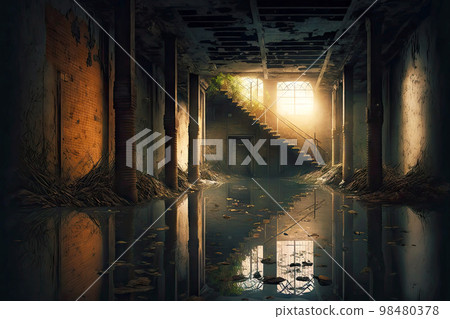 Flooded floor in dirty cluttered abandoned basement Flooded floor in dirty cluttered abandoned basement 98480378