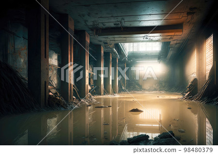 Ruined dirty abandoned basement with deep puddles on floor Ruined dirty abandoned basement with deep puddles on floor 98480379