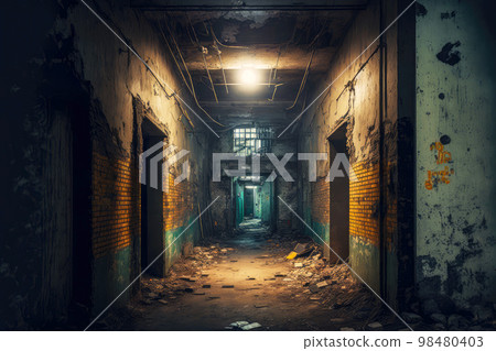 Abandoned basement littered with debris of boards and stones with lamp on ceiling Abandoned basement littered with debris of boards and stones with lamp on ceiling 98480403