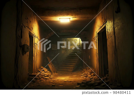 Abandoned basement littered with debris of boards and stones with lamp on ceiling Abandoned basement littered with debris of boards and stones with lamp on ceiling 98480411