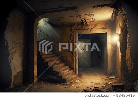 Ruined staircase in broken house in abandoned basement 98480419