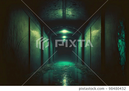Long narrow abandoned basement with lamps on ceiling and wet floor Long narrow abandoned basement with lamps on ceiling and wet floor 98480432