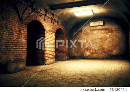 Room with brick walls in empty abandoned basement Room with brick walls in empty abandoned basement 98480434