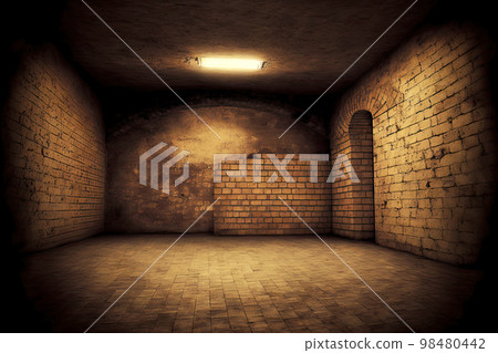 Room with brick walls in empty abandoned basement Room with brick walls in empty abandoned basement 98480442