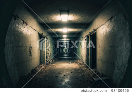 Empty long abandoned basement with collapsed walls Empty long abandoned basement with collapsed walls 98480466