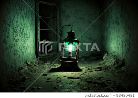 Lantern stands against wall in empty ruined abandoned basement Lantern stands against wall in empty ruined abandoned basement 98480481