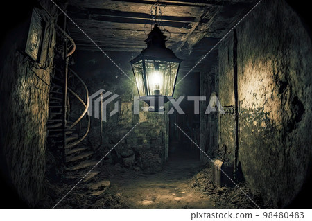Lantern illuminating dirty room in old abandoned basement 98480483