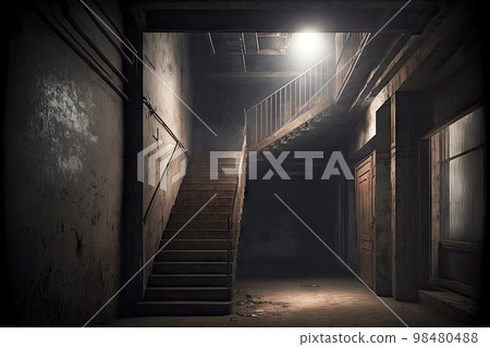 Old ruined house with stairs and abandoned basement Old ruined house with stairs and abandoned basement 98480488