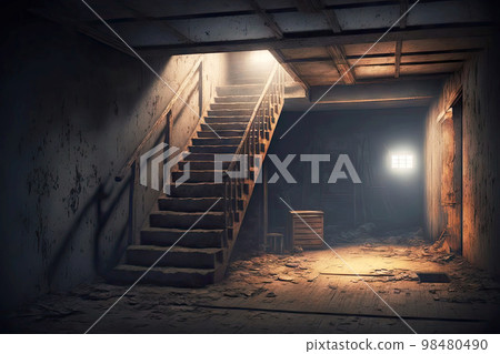 Lantern-lit staircase descending into dirty dusty abandoned basement Lantern-lit staircase descending into dirty dusty abandoned basement 98480490