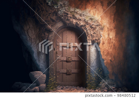 Overgrown shabby massive door leading to old abandoned basement Overgrown shabby massive door leading to old abandoned basement 98480512