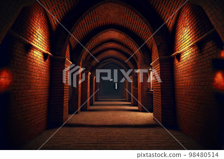 Brick corridor with arches in empty abandoned basement Brick corridor with arches in empty abandoned basement 98480514