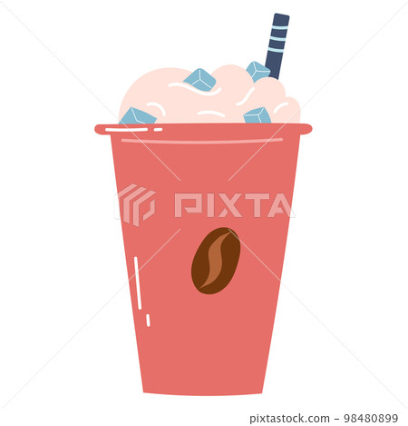 Iced coffee in paper cup with cream and straw. Flat hand drawn vector illustration of cold drink, icon, design element 98480899