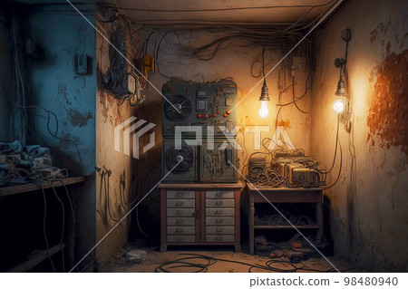 abandoned basement with old broken furniture and rusty equipment abandoned basement with old broken furniture and rusty equipment 98480940