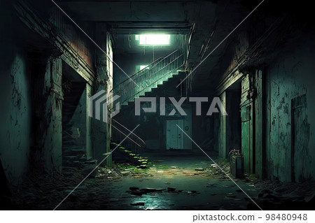 Old dirty abandoned basement with illuminated sunroof in ceiling Old dirty abandoned basement with illuminated sunroof in ceiling 98480948