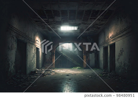Old dirty abandoned basement with illuminated sunroof in ceiling Old dirty abandoned basement with illuminated sunroof in ceiling 98480951