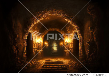 Abandoned basement with steps and torches burning on walls Abandoned basement with steps and torches burning on walls 98480952