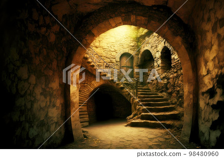 Abandoned basement with ruined stone staircase and arched passage Abandoned basement with ruined stone staircase and arched passage 98480960