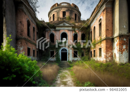 Large ruined two-storey building with courtyard and abandoned asylum 98481005