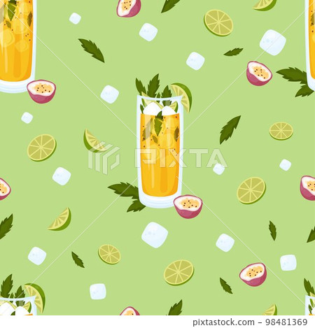 Seamless pattern with summer cocktail Passion Fruit Mojito in glass with ice cubes , lime and mint on green background. Vector pattern with latin american tropical drink. Seamless pattern with summer cocktail Passion Fruit Mojito in glass with ice cubes , lime and mint on green background. Vector pattern with latin american tropical drink. 98481369