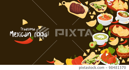 Mexican food. Vector horizontal poster cover with Latin American traditional dishs Quesadilla, Taco, guacamole with nachos, green Soup and Tomato Soup, Empanadas, Achiote Chicken on black background. Mexican food. Vector horizontal poster cover with Latin American traditional dishs Quesadilla, Taco, guacamole with nachos, green Soup and Tomato Soup, Empanadas, Achiote Chicken on black background. 98481370