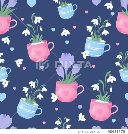Spring seamless pattern. Bouquet of snowdrop flowers and purple crocuses in cup on blue background. Vector illustration. Botanical pattern for decor, design, packaging, wallpaper, textile. 98481376