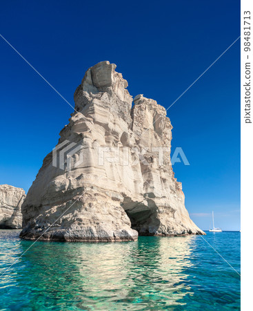 Kleftiko Bay, a scenic attraction with white volcanic rocks and caves. Milos Island, Greece Kleftiko Bay, a scenic attraction with white volcanic rocks and caves. Milos Island, Greece 98481713