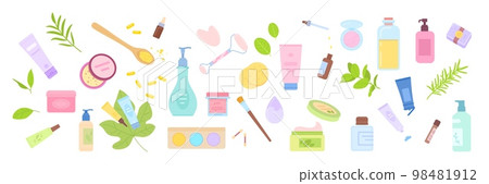 Skin cleansing products. Natural vegan eco friendly antiaging cosmetic product peeling facial skincare exfoliation organic essence oil serum scrub lotion, swanky vector illustration 98481912