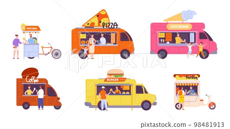 Food truck sellers. Foodtruck vendors takeaway meal street festival, merchant bike cart beach market icecream bus burger popcorn pizza coffee store car splendid vector illustration 98481913