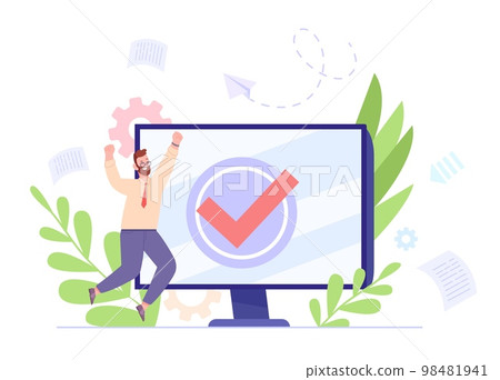 Completed task concept. Happy man joy at done work tasks on computer workplace, effective office employee celebration check success 98481941